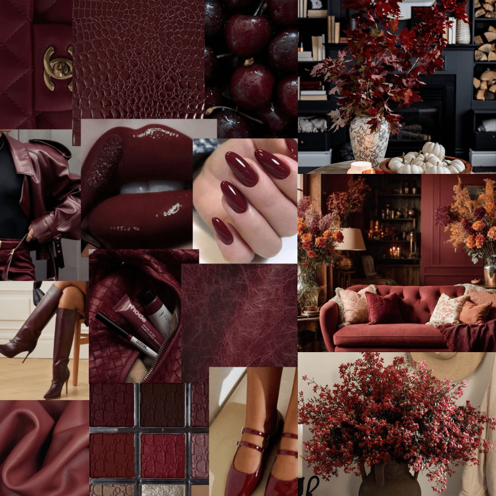 A rich burgundy collage showcasing fashion, interior design, and decor elements, emphasizing deep red hues in outfits, lipstick, and home accents.