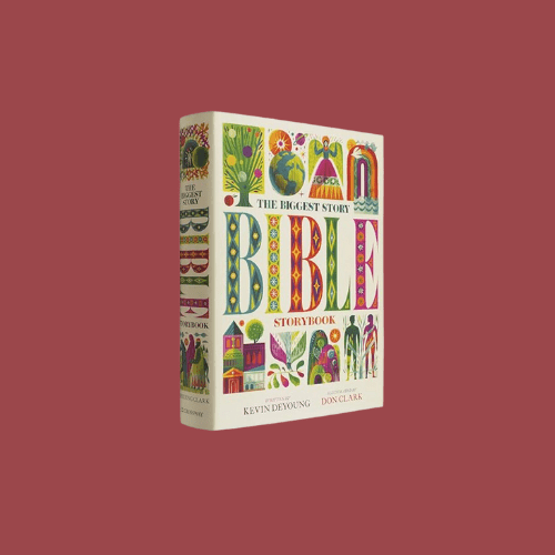 Colorful cover of "The Biggest Story Bible Storybook" by Kevin DeYoung, featuring illustrated scenes and characters from biblical stories.